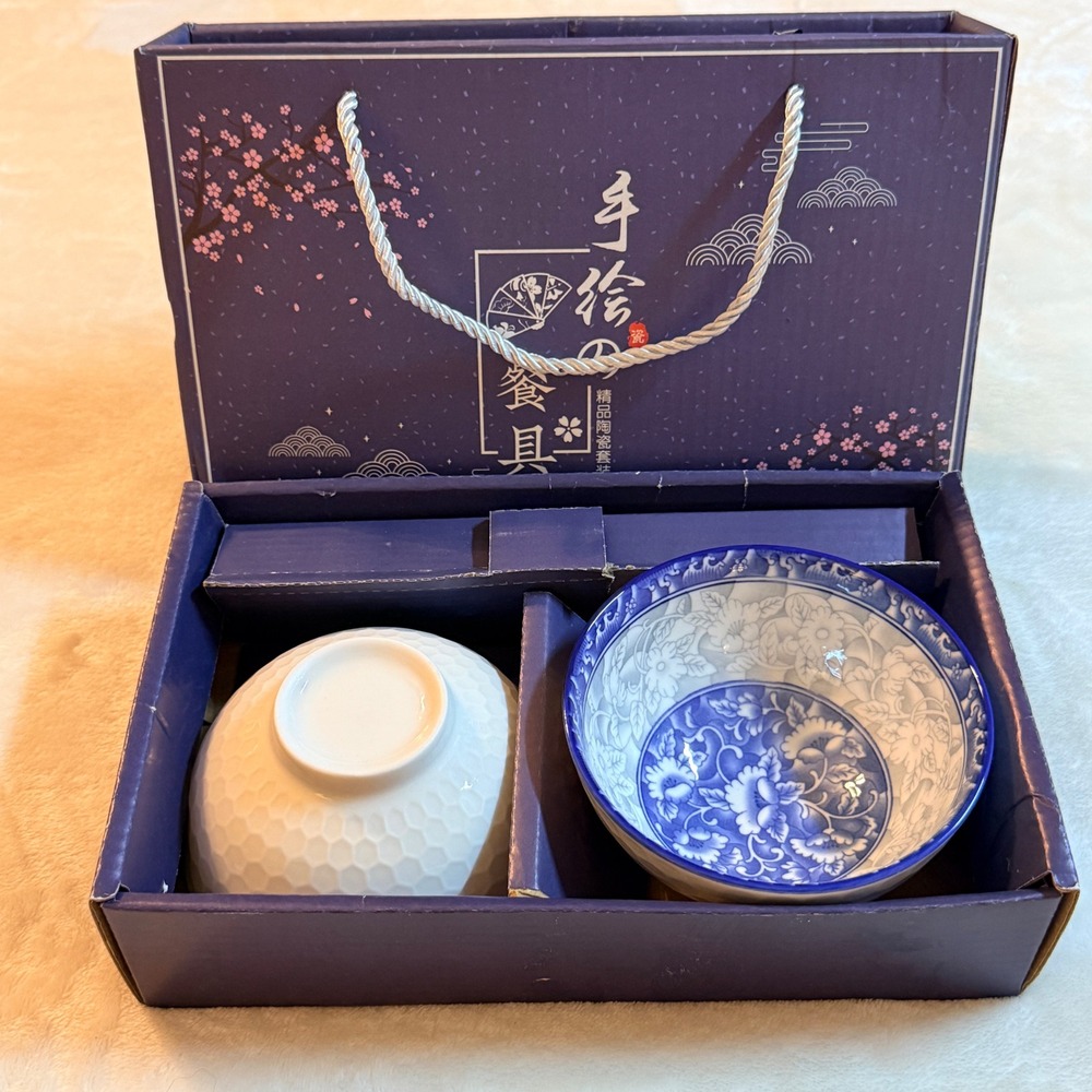Blue and White Ceramic Rice Bowl Set 2pc Floral Honeycomb Textured Chinoiserie